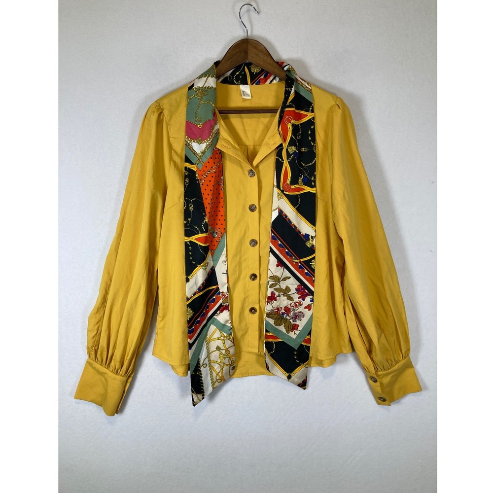 Baroque Chic Women Large Mustard Yellow Scarf Neck Puff Sleeve Blouse